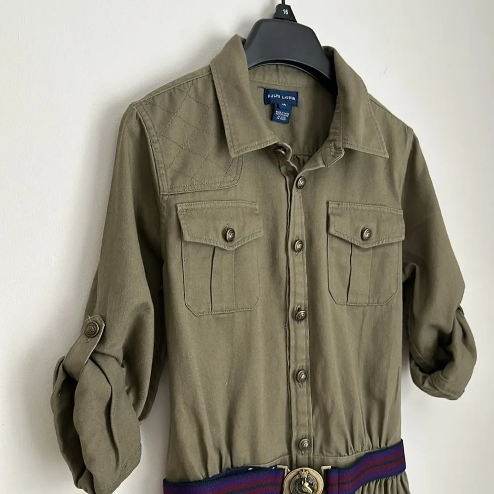 Ralph Lauren Dress Girls Size 14 Khaki Button Front Belted Chino Shirtdress
